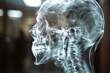 Poster - Detailed side view of a human skull and cervical spine in x-ray display highlighting bone structure and dental features