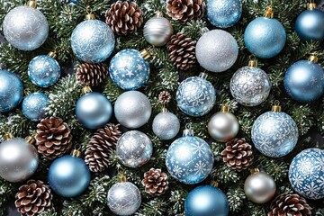 Poster - Christmas ornaments in blue and silver with pinecones and evergreen branches on a dark background.