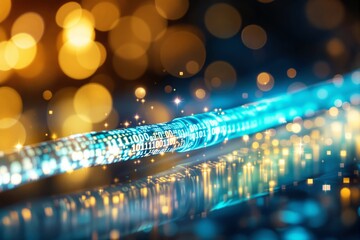 Poster - Futuristic glowing digital cable with binary code and bokeh light effects.