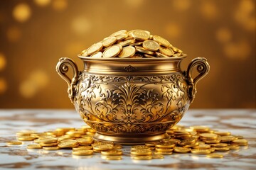 Aufkleber - Ornate gold pot filled with shining golden coins with a blurred gold background.