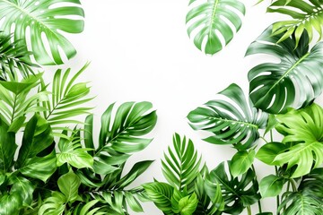 Poster - Tropical green leaves with white background.