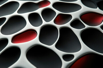 Poster - Abstract 3D render of interconnected organic shapes with white veins and dark red accents.