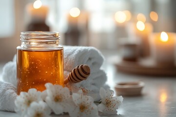 Aufkleber - Honey jar with wooden dipper surrounded by candles and flowers creates a calming ambiance for relaxation