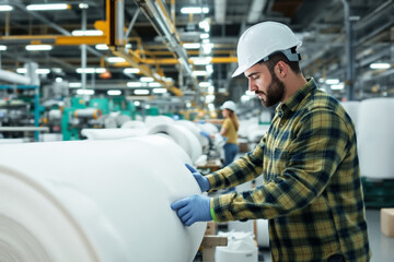 Aufkleber - Worker inspecting material rolls in a factory setting.