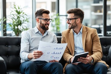 Poster - Two businessmen discussing charts in a modern office background.