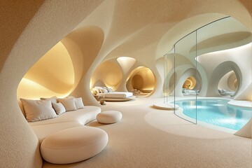 Poster - Luxurious organic interior with pool and cozy seating in soft beige tones.