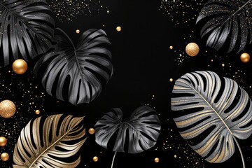 Poster - Luxurious black and gold tropical leaves with glittering accents in dark background.