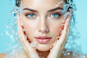 Aufkleber - Close-up of woman with water splashes on face, radiant skin, soft blue background.