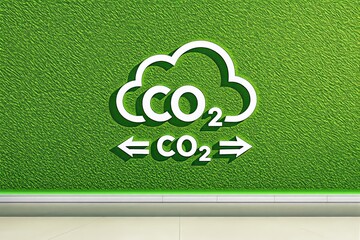Poster - CO2 cloud symbol with arrows on textured green wall background.
