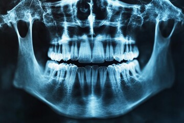 Poster - X-ray showing detailed structure of human skull and teeth in a clinical setting
