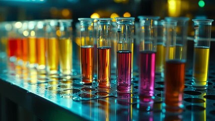 Poster - test tubes containing colorful liquid materials lined up on a counter awaiting experimental analysis