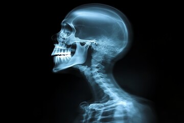 Poster - X-ray image of a human skull and cervical spine highlighting anatomical structure in detail