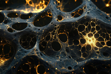 Poster - Abstract dark textured surface with glowing golden network, resembling a complex neural network or porous material.