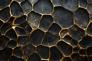 Poster - Abstract black and gold textured surface resembling cracked stone or lava with intricate details.