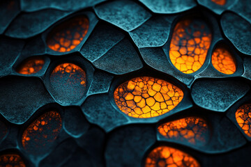 Poster - Abstract close-up of a dark, textured surface with glowing orange, cracked patterns within its crevices.