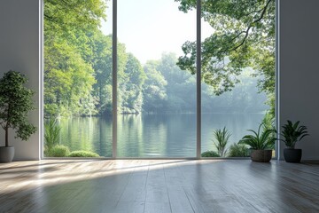 Poster - Beautiful view of serene lake surrounded by lush greenery from a modern interior space