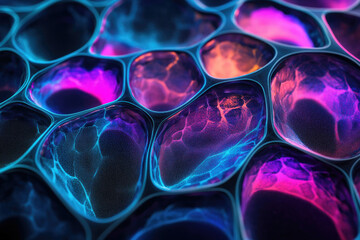 Aufkleber - Abstract image depicting a vibrant, interconnected network of glowing, iridescent bubbles in a honeycomb-like structure.