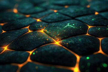 Fototapete - Glowing, dark, textured stones form a honeycomb pattern, illuminated by vibrant orange and green energy.