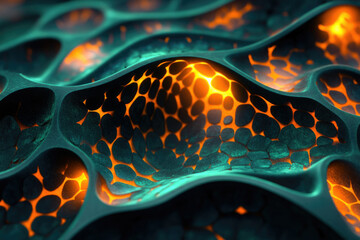 Fototapete - Abstract 3D render of a teal and orange cellular structure, glowing from within.