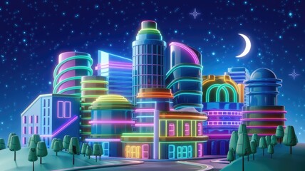 Aufkleber - A vibrant, neon-lit cityscape at night, showcasing futuristic architecture under a starry sky.