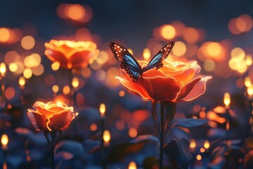 Poster - Butterfly resting on vibrant rose among glowing flowers at twilight in a serene garden