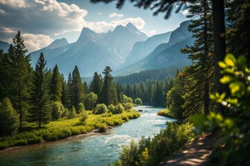 Sticker - Serene Mountain River: Breathtaking Bokeh Forest Landscape Photography