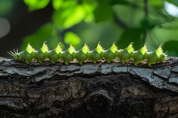 Poster - Green caterpillar crawling on a tree branch in a lush forest during daylight hours
