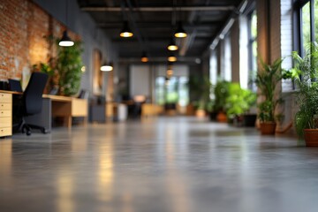 Poster - Modern office space with open layout and greenery in a well-lit commercial building