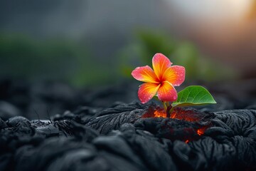 Wall Mural - A vibrant orange flower with dew stands out against the dark, volcanic rock landscape, symbolizing resilience and beauty in adversity. Resilient Bloom on Hot Lava, Rebirth from Fire