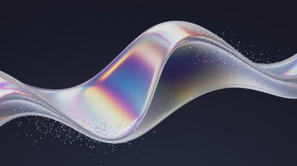Poster - Iridescent fluid wave flowing gracefully on a dark background, shimmering with light.