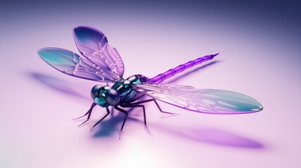 Poster - A vibrant, glass-like dragonfly with purple and teal accents, showcased on a soft purple background.