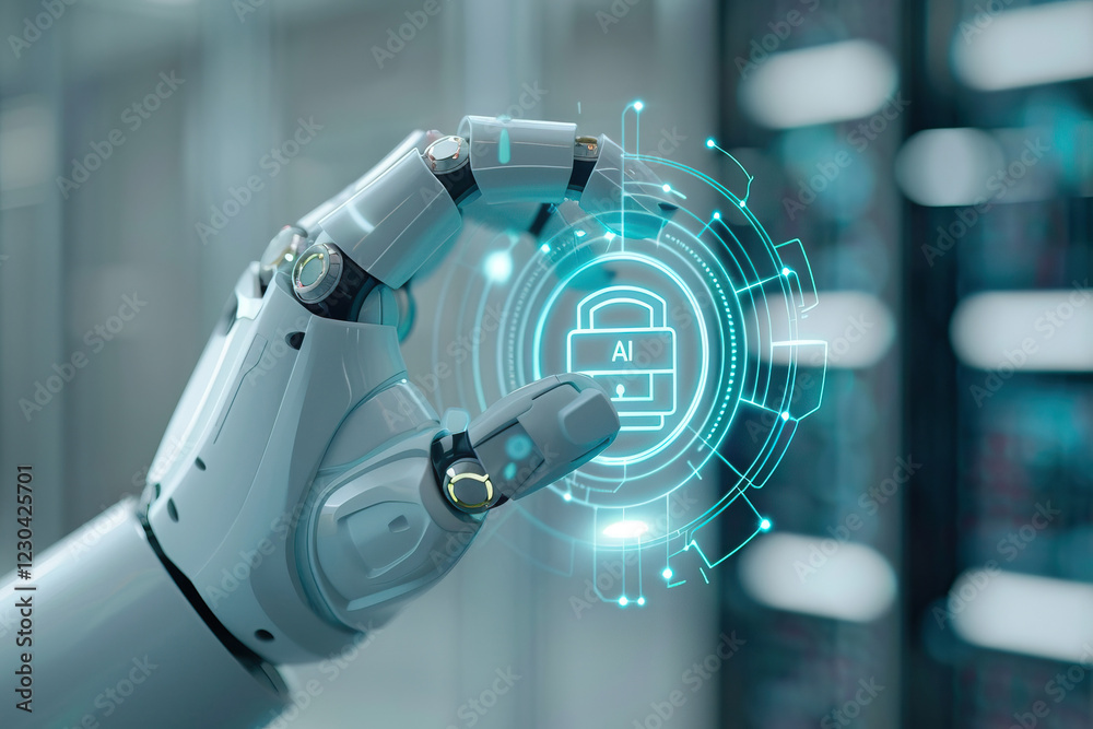 Robotic hand interacting with futuristic digital security interface for ...