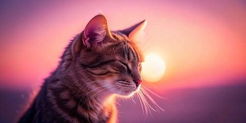 Wall Mural - Serene Silhouette: Pink Background Cat Portrait, Peaceful Feline, Closed Eyes, Pet Photography