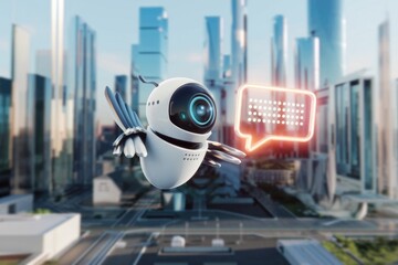 Poster - A futuristic robot communicates in a modern cityscape, symbolizing technological advancement and AI integration.