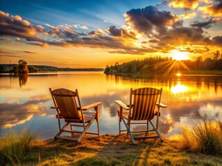 Wall Mural - Serene Sunset: Lakeside Chairs at Golden Hour