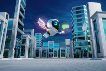 Poster - A robotic bird with wings flies over a futuristic city, delivering a message.
