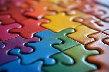 Poster - Colorful puzzle pieces assembled on a table showcasing vibrant hues and intricate designs