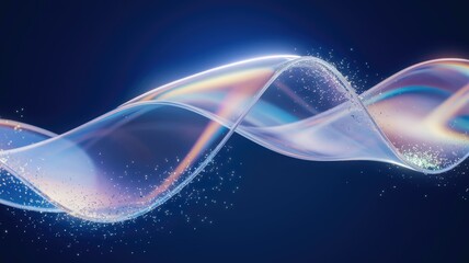 Poster - A translucent, iridescent wave flows gracefully against a dark blue backdrop, sparkling with tiny particles.