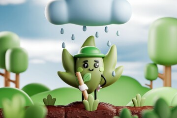 Poster - A cute cartoon cannabis leaf character enjoys the rain under a fluffy cloud in a whimsical, 3D-rendered scene.