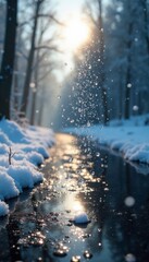 Wall Mural - Water droplets forming crystals on a dirty pane, frosty light filtering, wintry landscape, crystalized water, icy mist