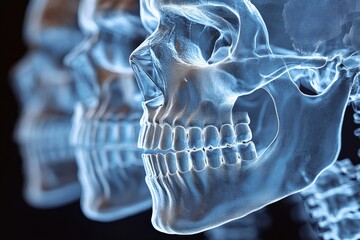 Aufkleber - Detailed view of human skulls showcasing skeletal structure against a dark background