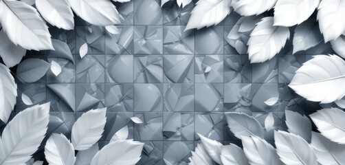Poster - Elegant 3D render of white leaves framing a textured grey surface with geometric patterns