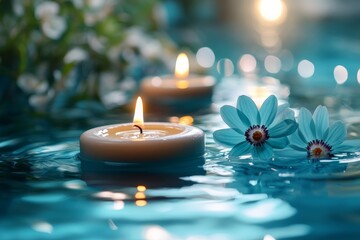Aufkleber - Relaxing evening by the water with floating candles and delicate flowers creating a serene atmosphere