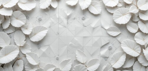 Poster - Elegant white leaves artfully arranged against a geometric white backdrop creating a sophisticated pattern