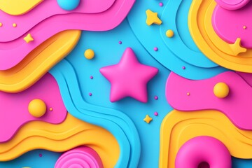 Aufkleber - Colorful abstract shapes create a playful design with stars and circles on a blue background