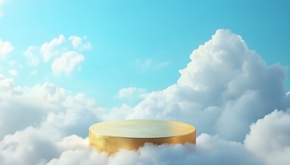 Poster - Realistic Golden Platform In A Blue Sky: Abstract Mockup For Product Presentation On A Podium Among White Clouds