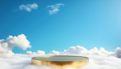 Poster - Realistic Golden Podium Floating In White Clouds And Blue Sky: Abstract Mockup For Product Presentation