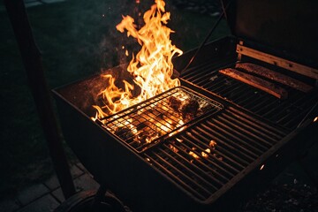 Wall Mural - Silhouetted Grill Master: Nighttime BBQ Flames, Close-Up Slow Motion