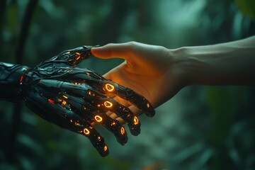 Poster - Connection between human and robot in a lush, futuristic environment during twilight
