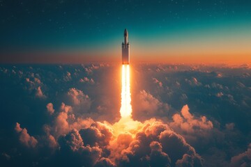Poster - Rocket launches into the night sky, illuminating clouds with fiery exhaust during a clear evening